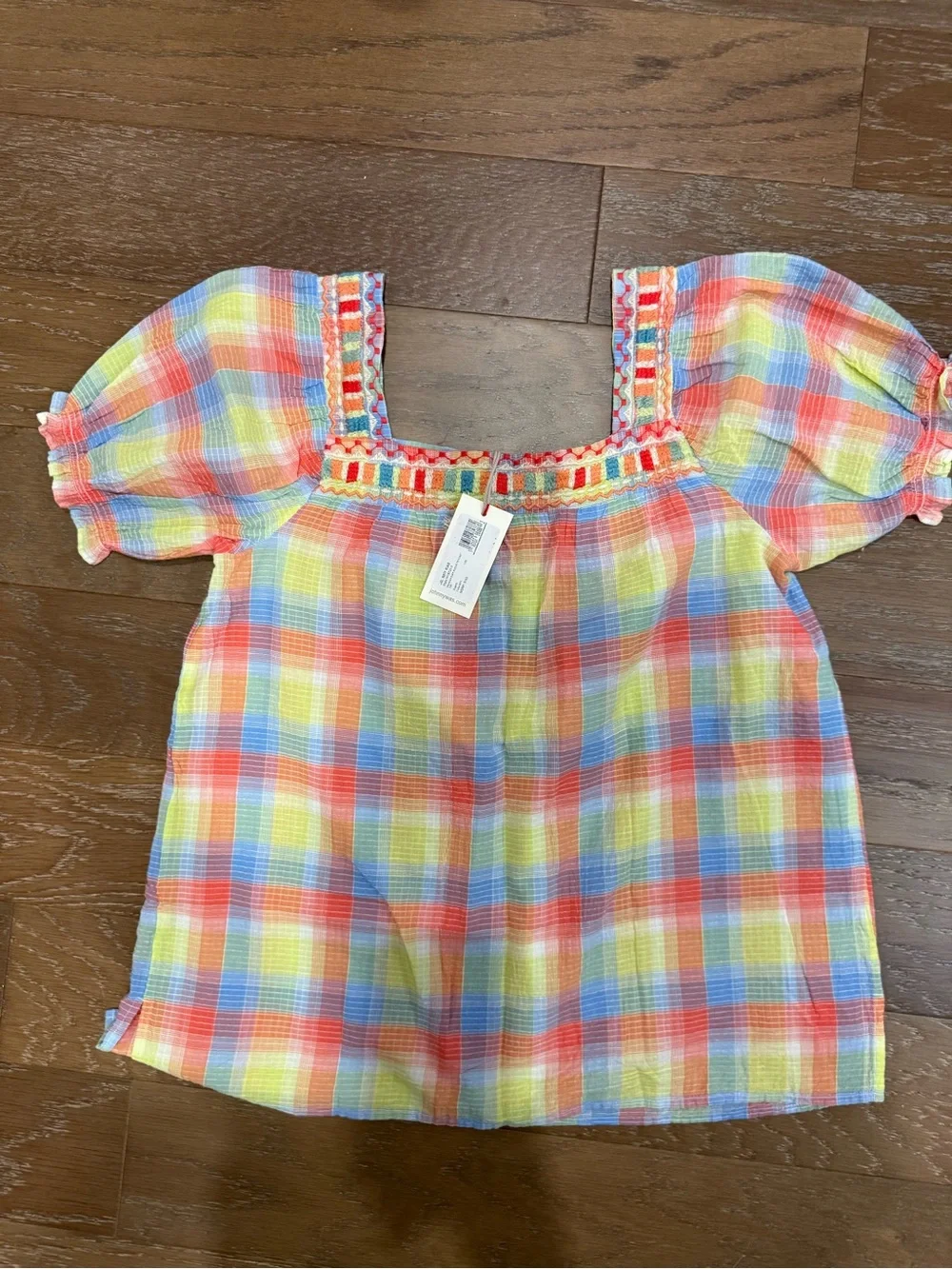 Johnny Was Plaid Puff-Sleeve Embroidered Top - Yellow, Pink & Blue